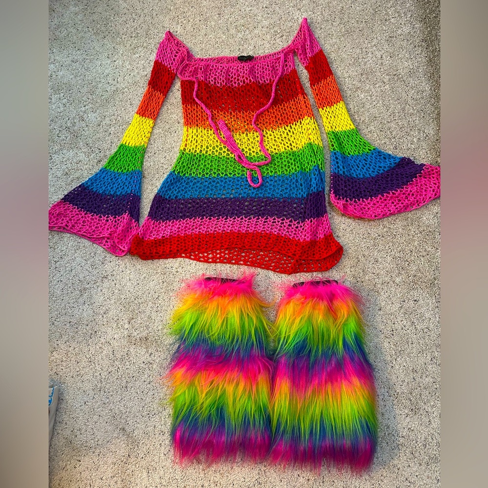 DOLLS KILL (CLUB EXX) Rainbow Crochet/Knit Dress and Furry Leg Warmers Set
